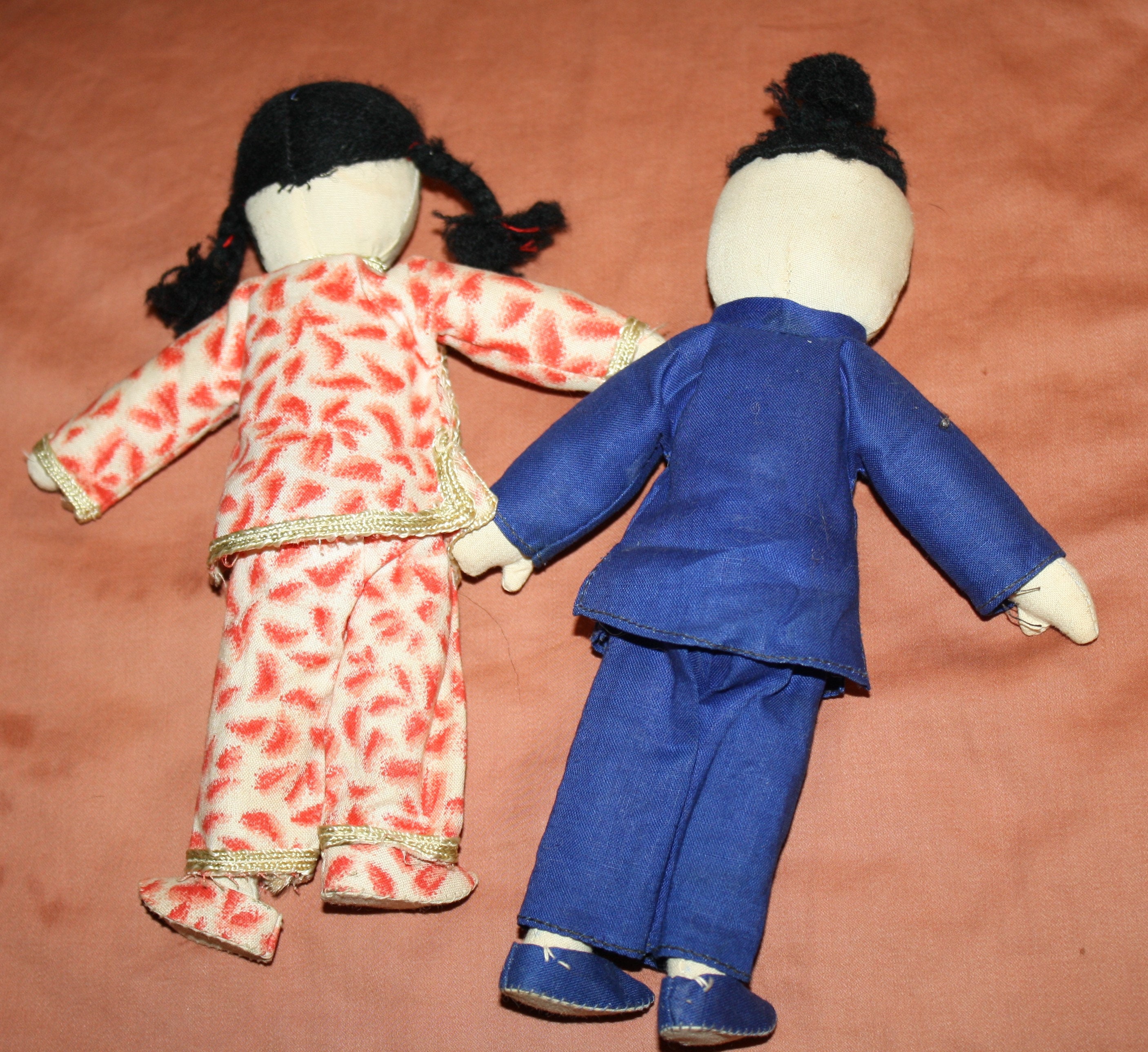 Vintage Chinese/Japanese Cloth Dolls, Asian Cloth Rag Dolls, Boy & Girl