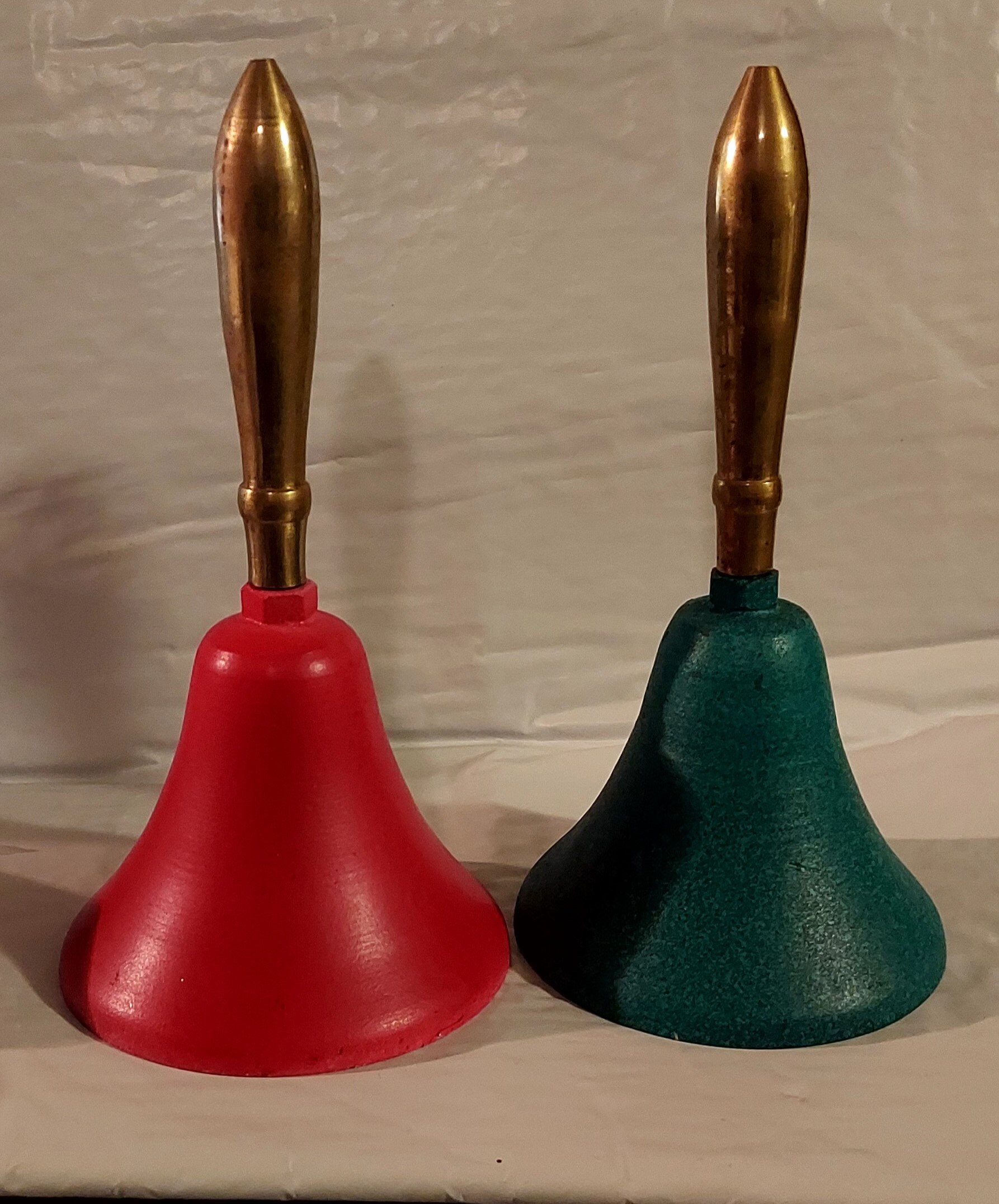 Vintage Handbells Red & Green with Brass Handle, Approx. 6 Tall, Made