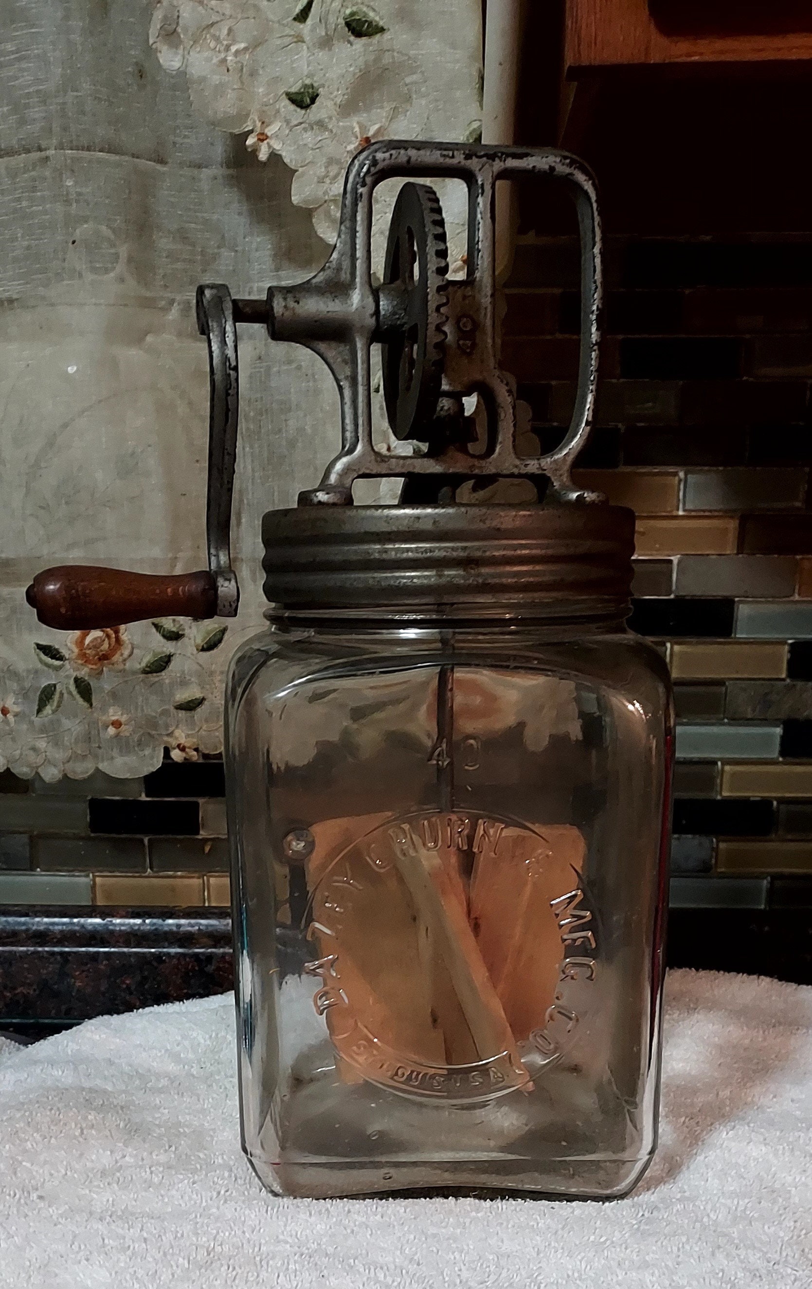 Farmhouse Antique Glass & Iron Tabletop Butter Churn