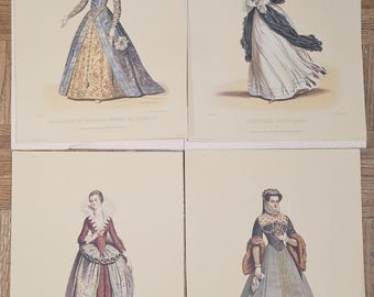 Antique Lithographs: 4 Royal Fashion Unframed Prints, Montague Henry VIII, Lithographic Print, Framed, Engraving c1780 - RARE