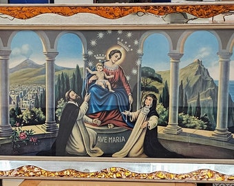 Vintage Italian Mirror Framed Print of Mother Mary, Jesus and Mary, Ave Maria, Rosario, Wooden Frame (Shipping Free for Local Pickup)