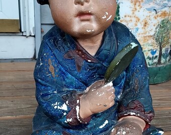 Antique CHALKWARE - Asian Child Sculpture with Toy in Hand 16" T,  Approx. 16" T, RARE
