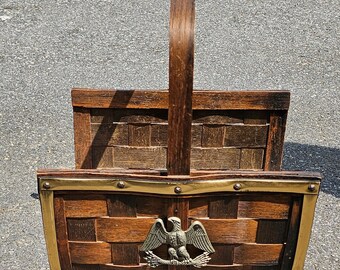 Vintage Americana Bentwood Woven Wood Basket, Log Firewood Holder, Magazine Holder, Mid Century Caddy