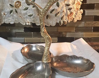 Snack Serving Tray, Bird on Tree Trunk, Divided, Metal Gold & Silver Tone, Snack Appetizer, Made in India