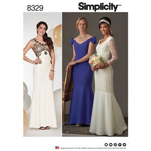 May include: Simplicity pattern 8329 featuring three formal gowns. One gown is white with a gold and black bodice. Another is a royal blue, off-the-shoulder dress. The third is a white lace gown with long sleeves.