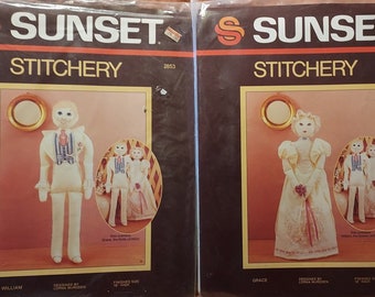 Vintage 1980s Sunset Stitchery 18" Embroidery Dolls, Bride and Groom Wedding Craft Doll Kits, 2852 William/2853 Grace, NIP