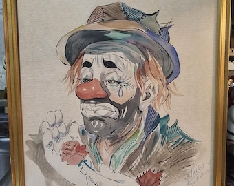 Vintage 1971 Alexander Fedorsky New Orleans Watercolor Painting, Sad Clown, Framed & Signed