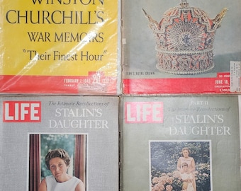 Vintage LIFE Magazines, Issues 1940s - 1960s, Churchill's War Memoirs, IRAN'S Royal Crown, Stalin’s Daughter, Svetlana Alliluyeva, Lot of 4