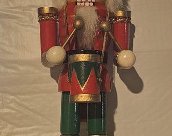 WOODEN Nutcracker Wearing Red, Green Uniform and Beating a Drum