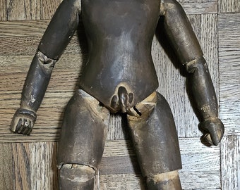 Antique Chinese Carved Wooden Fertility Doll, Double-sided Face Male/Female, Jointed and Stringed Limbs, RARE