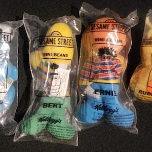 Vintage 1999 Sesame Street Kelloggs Mini Beans, Bert, Ernie, Twiddle Bug and Rubber Duckie, Lot of 4, FACTORY SEALED