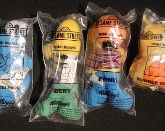 Vintage 1999 Sesame Street Kelloggs Mini Beans, Bert, Ernie, Twiddle Bug and Rubber Duckie, Lot of 4, FACTORY SEALED