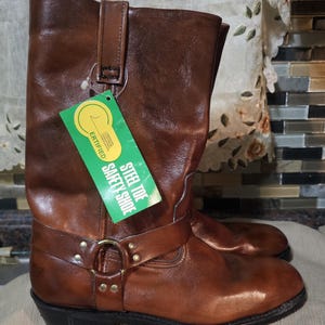 Vintage 1980s ANSI Z41.1-1967/75 Brown leather Upper Harness Boots, Steel Toe Men&#39;s Work Boots Motorcycle Style, 10.5 D
