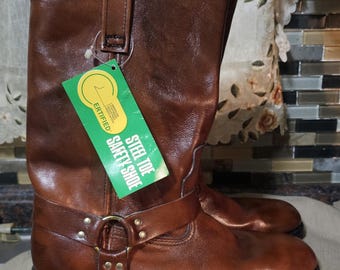 Vintage 1980s ANSI Z41.1-1967/75 Brown leather Upper Harness Boots, Steel Toe Men's Work Boots Motorcycle Style, 10.5 D