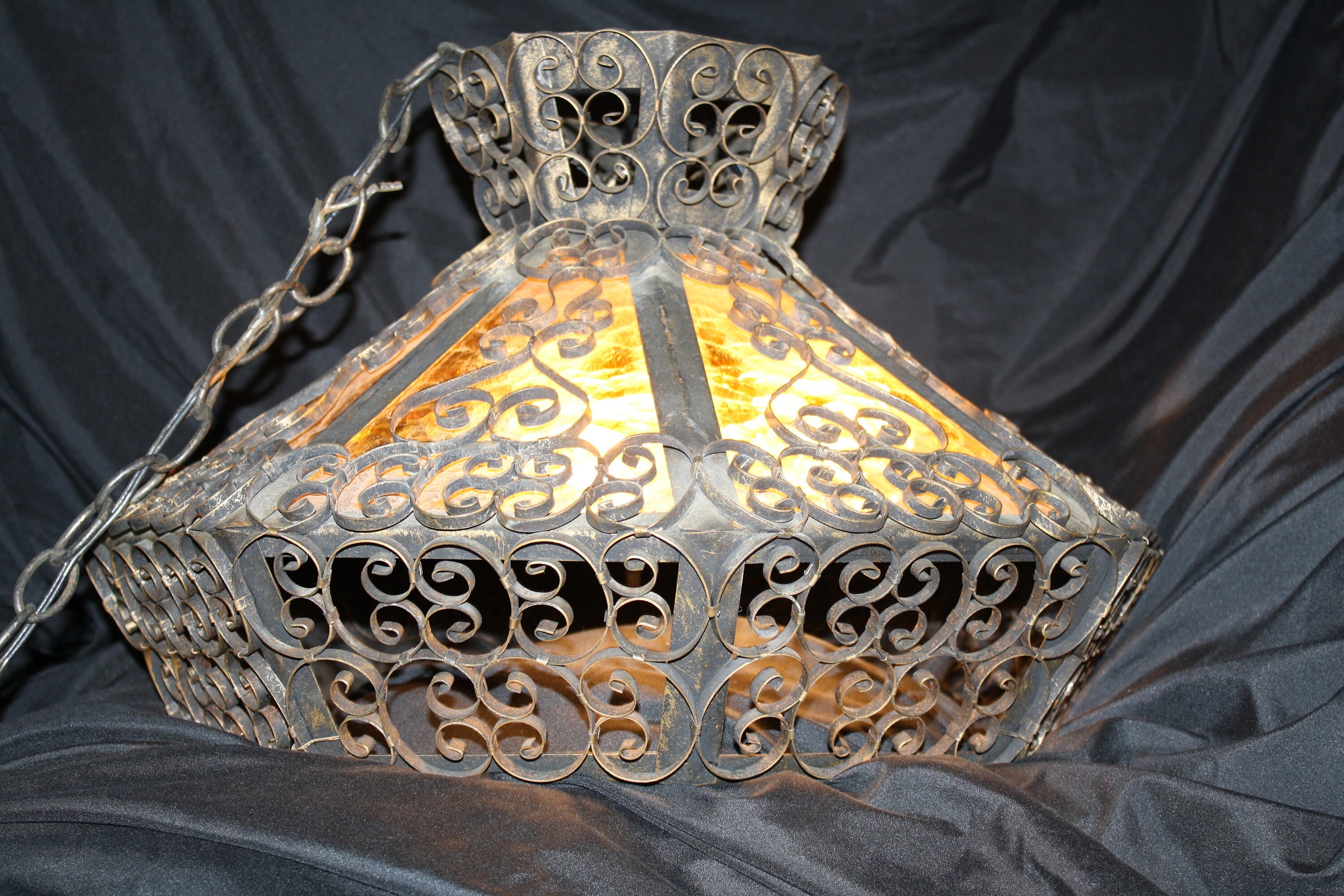 Vintage Gothic Midieval Metal and Glass Hanging Swag Lamp Hanging Lamp