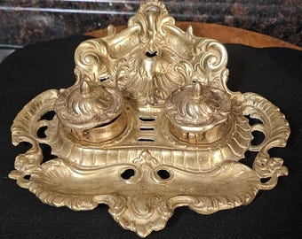 Brass Home Decor, Baroque Inkwell, Ornate Double Bronze Inkwell, with Pen Rest, Brass  Mortar and Pestle