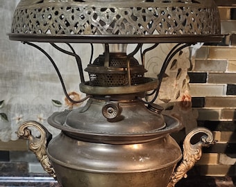 Antique Bradley & Hubbard Electric Ornate Brass Oil Lamp with Open Carved Shade and Floral Motif on Base