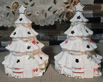 Ceramic Tabletop Decorations Lenox Season Sparkle Christmas Trees, Log Cabin and Christmas Tree with Light