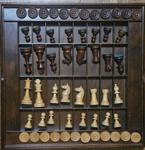 ヴィンテージチェスセット（木製ボード、手彫りの木製チェス駒、木製