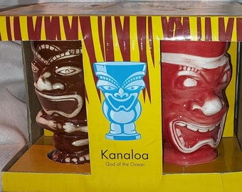 Vintage Tiki mugs, God Cups, Hawaiian Gods, Polynesian Gods, Kanalona, Ku, Kane, Lono, Set of 4, NRFB