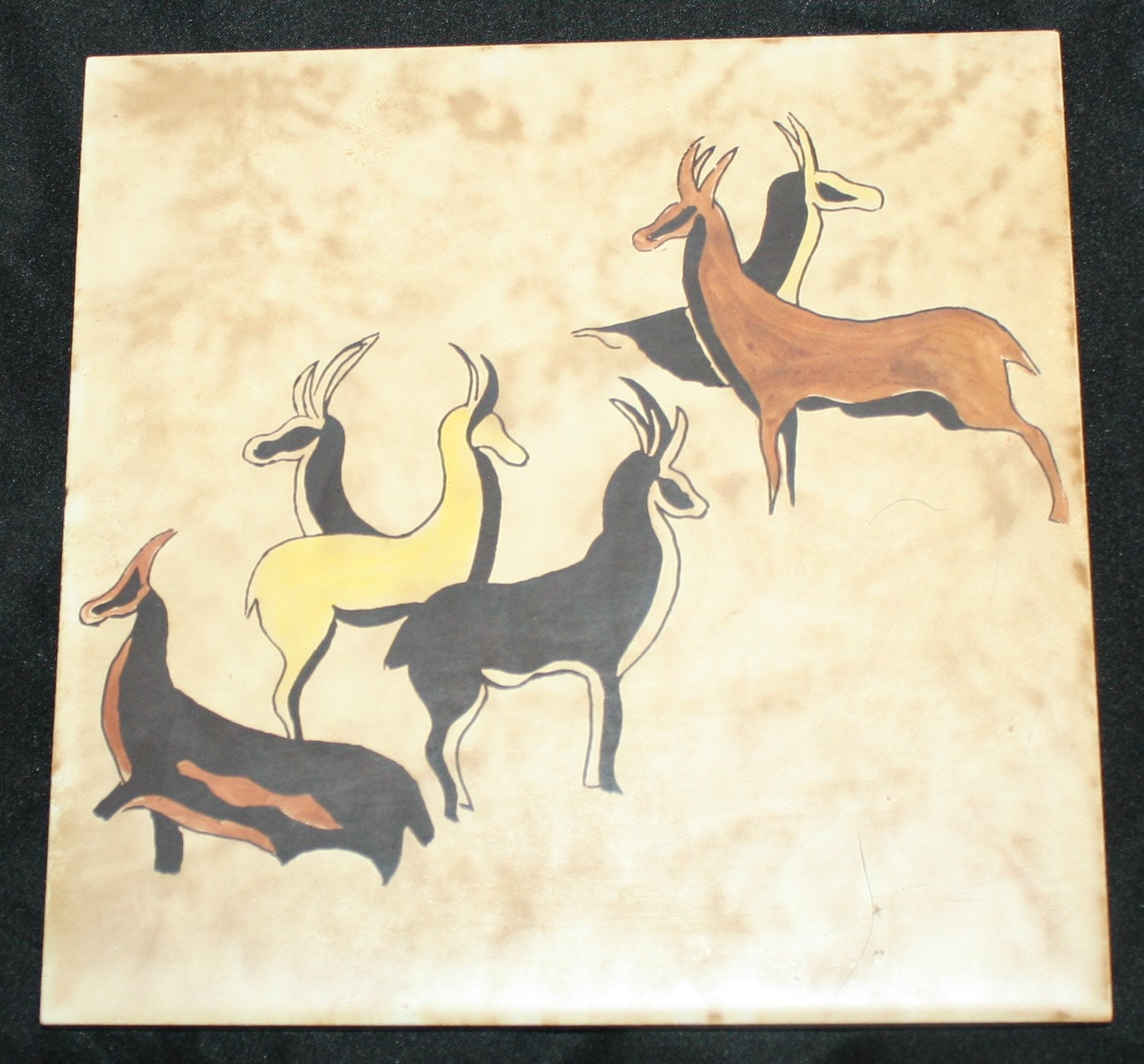 Vintage Ceramic Art Tiles, Hand Painted, Tribe Hunting, Johnson Tiles, South Africa, Lot of 3