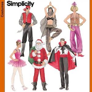 May include: A Simplicity sewing pattern for costumes. The pattern includes designs for a pirate, a dancer, a genie, a vampire, a ballerina, and Santa Claus.