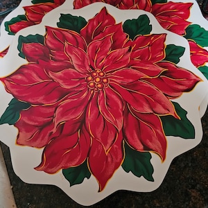 Vintage Vinyl Diecut Christmas Placemats Big Red Poinsettia Flowers, Trim-a-Home, Set of 4