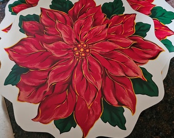 Vintage Vinyl Diecut Christmas Placemats Big Red Poinsettia Flowers, Trim-a-Home, Set of 4