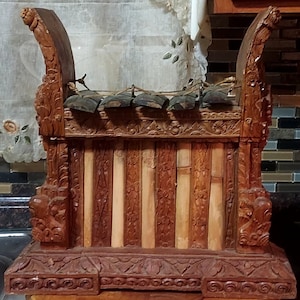 Antique  Indonesian Gangsa Wood Musical Instrument. 5 Bronze Bars, Wood, Bamboo, Leather