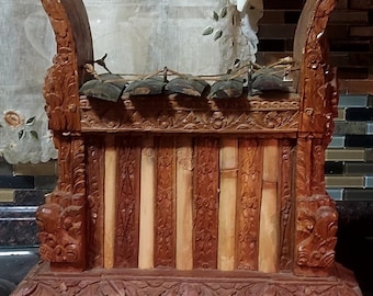 Antique  Indonesian Gangsa Wood Musical Instrument. 5 Bronze Bars, Wood, Bamboo, Leather