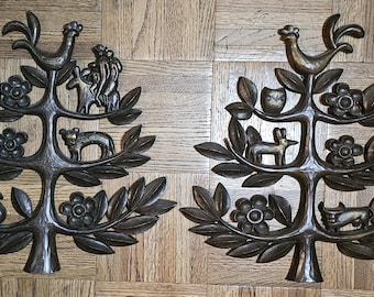 Vintage 1960s Homco Tree of Life Wall Decor, Set 4770-A 4770-B, Faux Wood, Farmhouse Folk Art