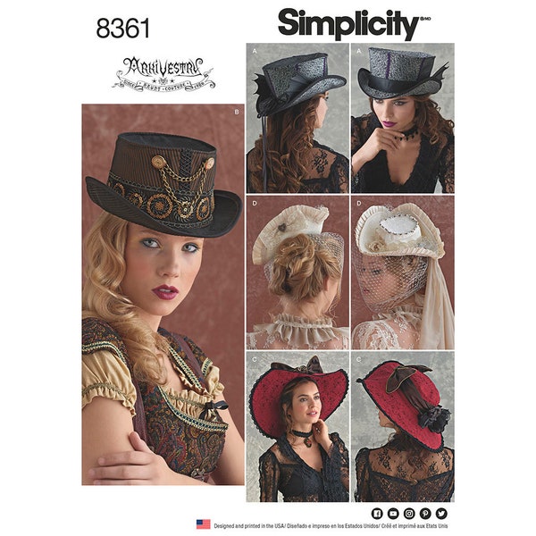 Simplicity #8361,  Adult Costume, Cosplay, Steampunk, Women’s Hats,  Arkivestry Fashion Accessory,  Period Clothing, Size S-L, UNCUT