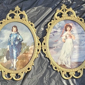 Vintage Thomas Gainsborough&#39;s &quot;Blue Boy&quot; and Thomas Lawrence&#39;s &quot;Pinkie&quot;, Bronze Scroll Frame Convex Oval Glass