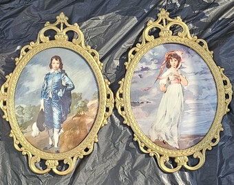Vintage Thomas Gainsborough's "Blue Boy" and Thomas Lawrence's "Pinkie", Bronze Scroll Frame Convex Oval Glass