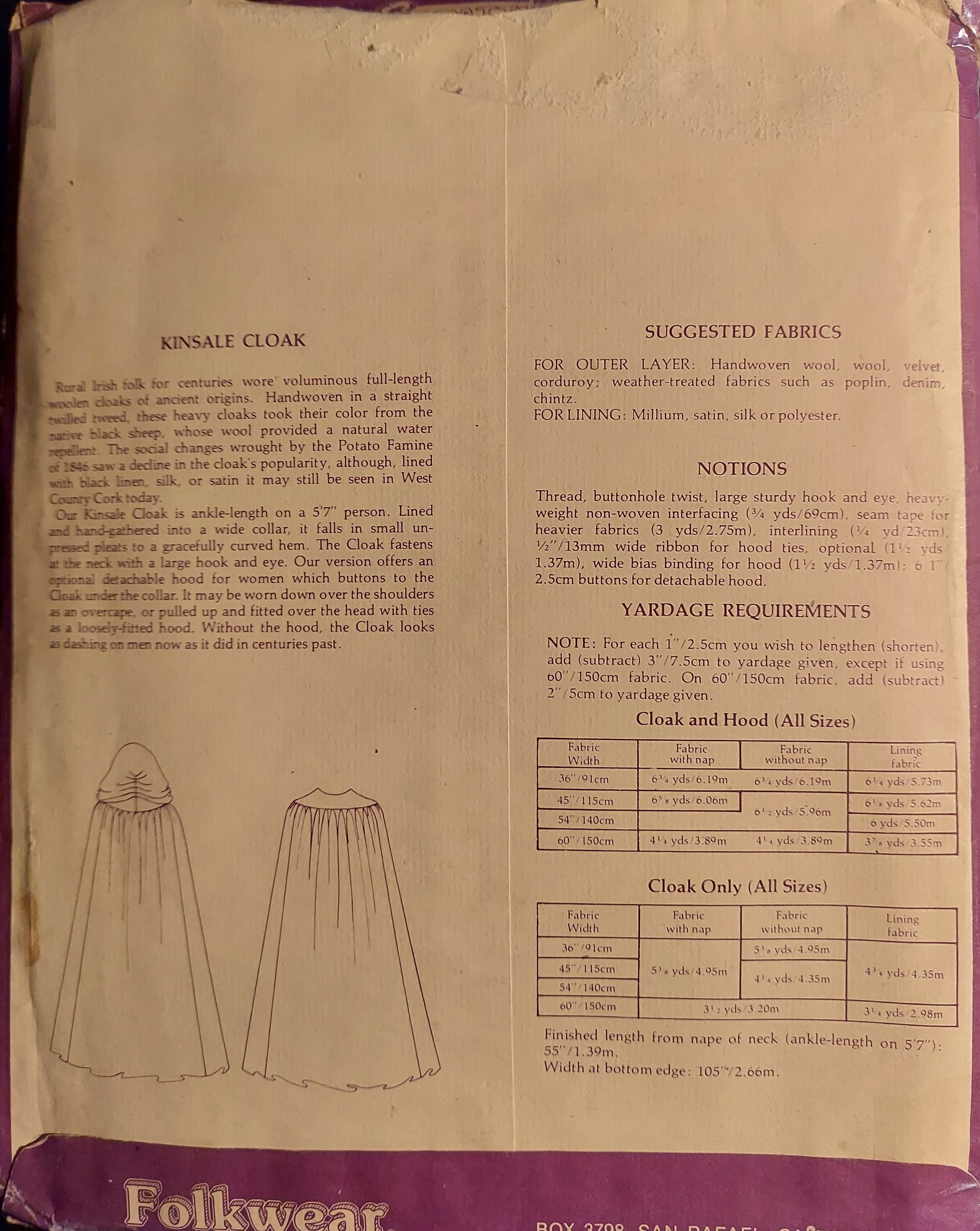 Folkwear Pattern 204, Sewing Pattern, Kinsale Cloak Pattern Adult