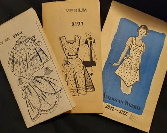 Vintage 1940's-1950s Mail Order Patterns 2194, 2197 & 3822, Sewing Pattern, Misses Aprons, Hostess Aprons, Tea Aprons, UNCUT