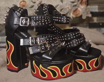 LAMODA Revin' Ankle Strap Platform Sandals with flame print & silver spikes, Size 8