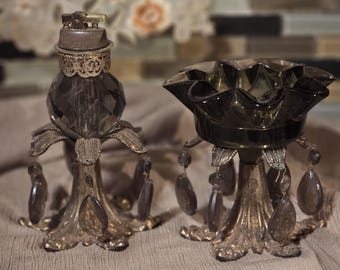 Vintage MCM Dark Green Smoke Glass Brass Pedestal Lighter & Matching Ashtray