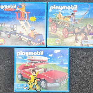 PLAYMOBIL Red Car with Roof Box & Bicycle 3237, Farmer and Horse Carriage 3246, Airport Ground Crew 3334, SEALED