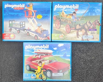 PLAYMOBIL Red Car with Roof Box & Bicycle 3237, Farmer and Horse Carriage 3246, Airport Ground Crew 3334, SEALED