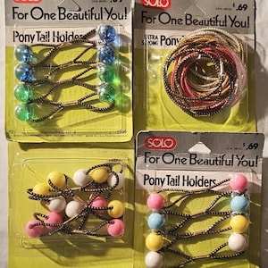 Vintage 1970s Solo Products Ponytail Holders, Twin Beads on Braided Elastic Bands, Hair Clackers, Elastic Bands, Sold in Lots of 4 & 5, NOS