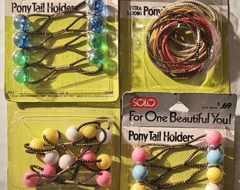 Vintage 1970s Solo Products Ponytail Holders, Twin Beads on Braided Elastic Bands, Hair Clackers, Elastic Bands, Sold in Lots of 4 & 5, NOS