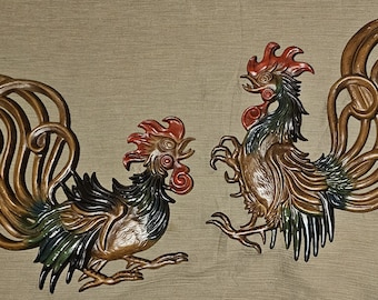 Vintage Vermay, Gilt Metal Fighting Roosters, Wall Hangings, Mid Century Home Decor, Farmhouse Chic, lot of 2