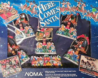 Vintage 1990s Noma Here Comes Santa, Lights Music Motion Christmas Tree Decor Village