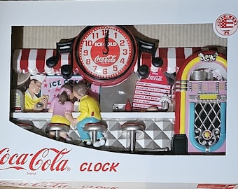 Coca Cola Collectibles, Burwood 3D Wall Analog Clock with Soda Fountain Ice Cream Parlor Scene, NIB
