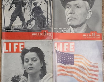 Vintage LIFE Magazines, Issues 1940s, Hedy Lamarr, United We Stand, Date in Casablanca, Half Hat, Fashion Model, Foot Soldier