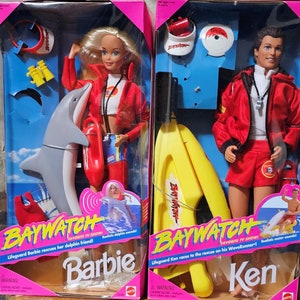 BARBIE, Baywatch Lifeguard Barbie with Rescue Dolphin & Baywatch Lifeguard Ken with Wave Runner, Ocean Friends - Keiko, 1990s Mattel, NRFB