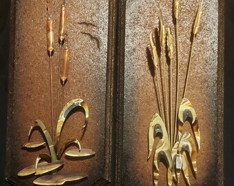 Vintage 1970’s Wooden Wall Plaques with Cattail & Wheat Grass Sculptures, Wall Decor, Lot of 2