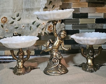 Vintage Cast Brass & Milk Glass Cherub Pedestal Candy Dish, Jewelry Bowl, Trinket Bowl
