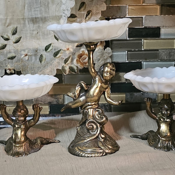 Vintage Cast Brass & Milk Glass Cherub Pedestal Candy Dish, Jewelry Bowl, Trinket Bowl